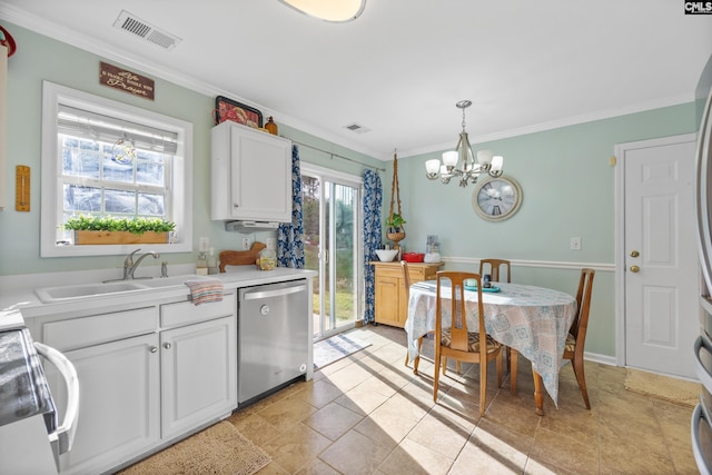 kitchen with a healthy amount of sunlight, decorative light fixtures, white cabinets, and dishwasher