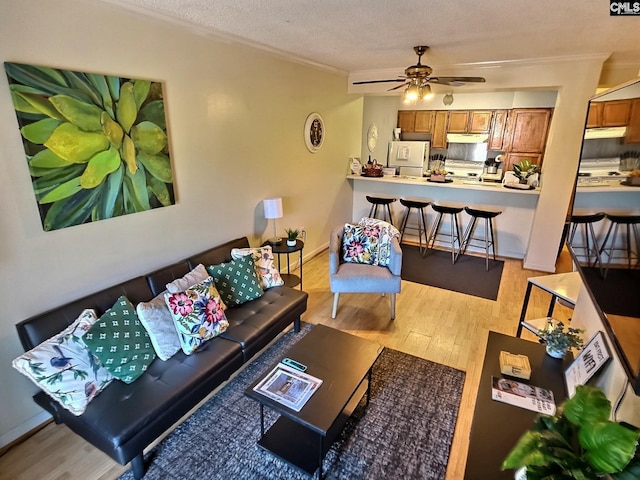 living room with ceiling fan, light hardwood / wood-style floors, ornamental molding, and a textured ceiling