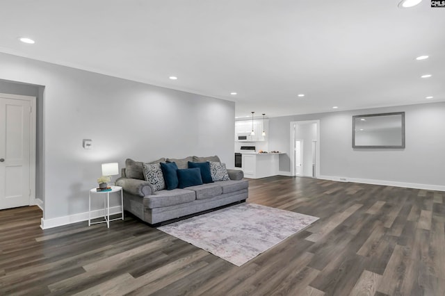 living room with dark hardwood / wood-style flooring