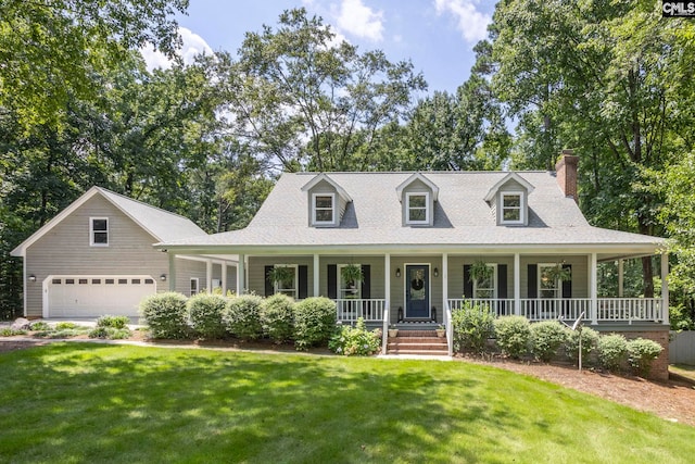 cape cod house featuring a front lawn, a porch, and a garage