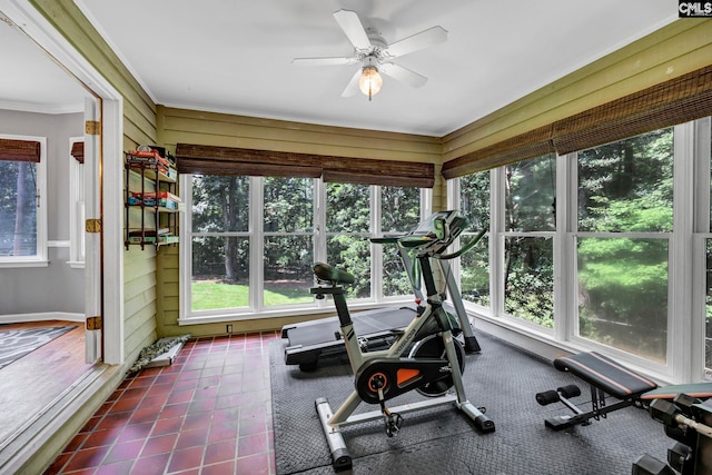 workout room featuring ceiling fan, crown molding, and plenty of natural light