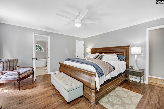 bedroom with ceiling fan, hardwood / wood-style flooring, and ornamental molding