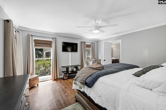 bedroom with ceiling fan, ornamental molding, and hardwood / wood-style floors