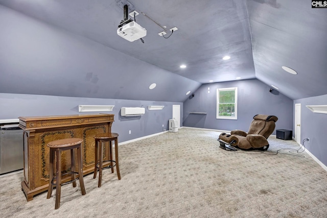 interior space with light carpet, lofted ceiling, and an AC wall unit