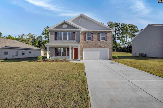 view of front of home with a garage, a front lawn, and central air condition unit