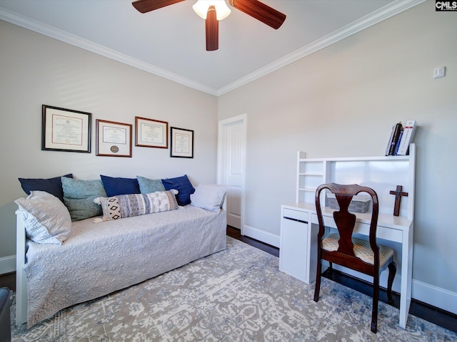 bedroom with ornamental molding, ceiling fan, and wood-type flooring