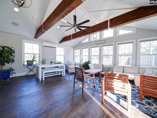 living room with dark hardwood / wood-style floors, a wealth of natural light, and ceiling fan