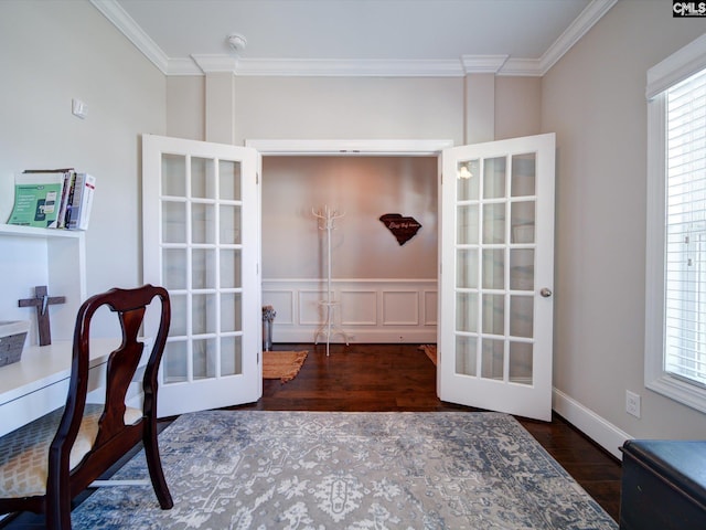 office area featuring ornamental molding, french doors, and dark hardwood / wood-style floors