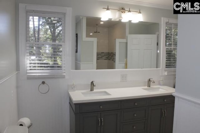 bathroom with vanity, crown molding, and a shower