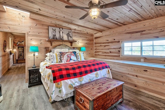 bedroom with wood walls, wood ceiling, hardwood / wood-style flooring, and ceiling fan