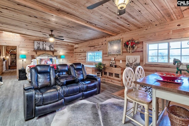 home theater room featuring ceiling fan, hardwood / wood-style floors, wooden ceiling, and a healthy amount of sunlight