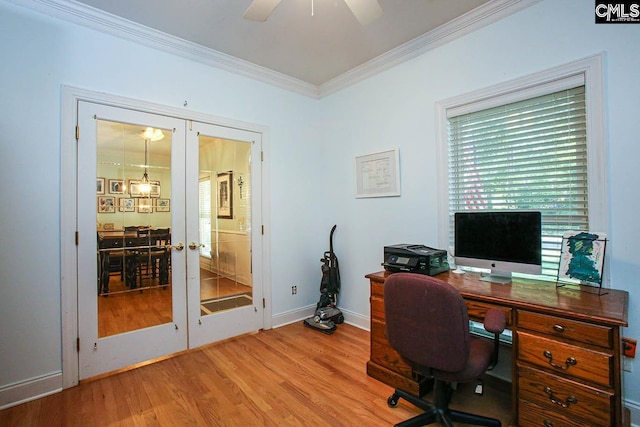 office area featuring ornamental molding, light wood-type flooring, ceiling fan, and french doors