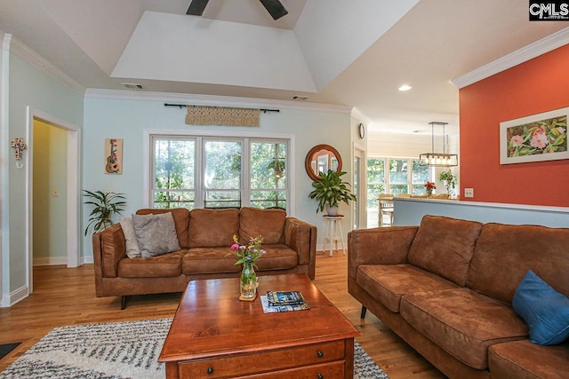 living room with ceiling fan, light hardwood / wood-style flooring, a raised ceiling, and ornamental molding