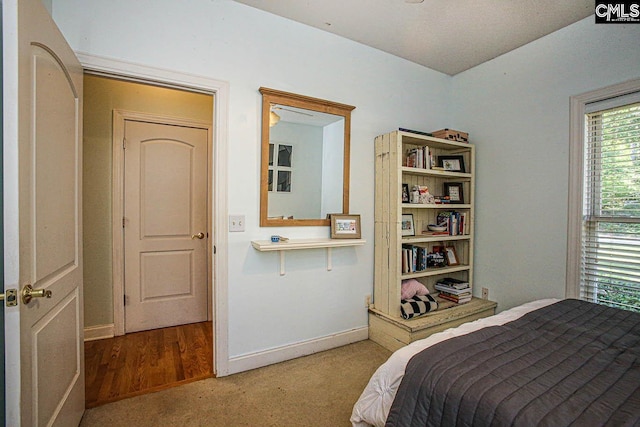 bedroom featuring light colored carpet