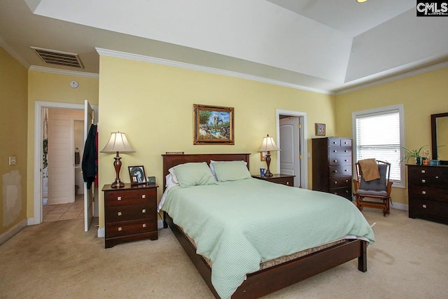 carpeted bedroom with lofted ceiling and crown molding