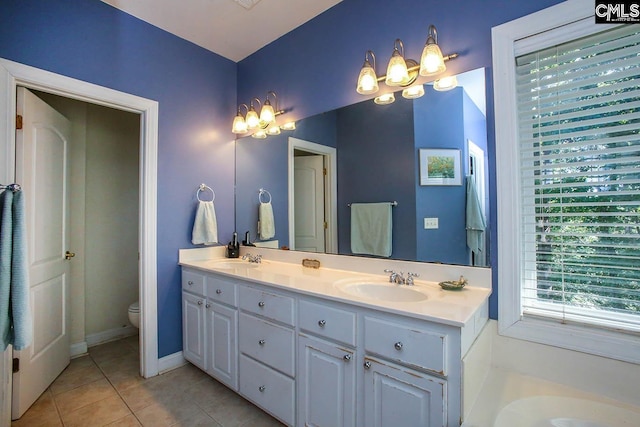 bathroom featuring tile patterned flooring, vanity, and toilet