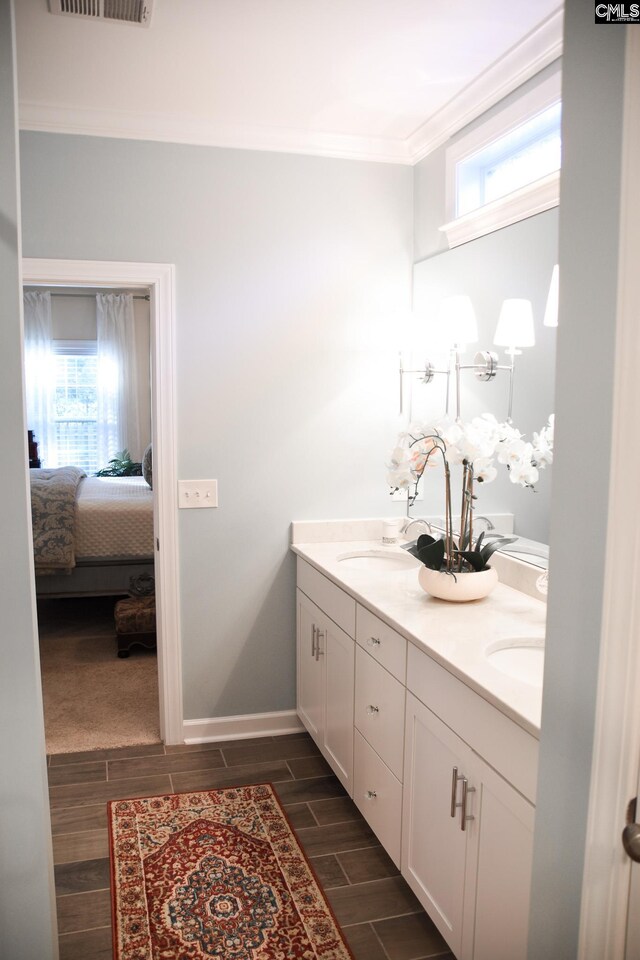 bathroom featuring wood-type flooring, ornamental molding, vanity, and a healthy amount of sunlight