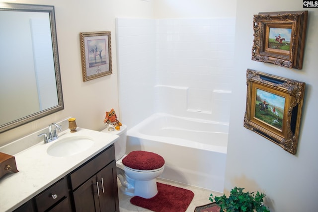 full bathroom featuring bathing tub / shower combination, tile patterned flooring, vanity, and toilet