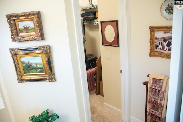 corridor featuring light colored carpet