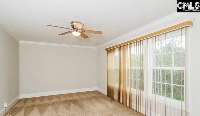 carpeted empty room featuring ceiling fan and crown molding