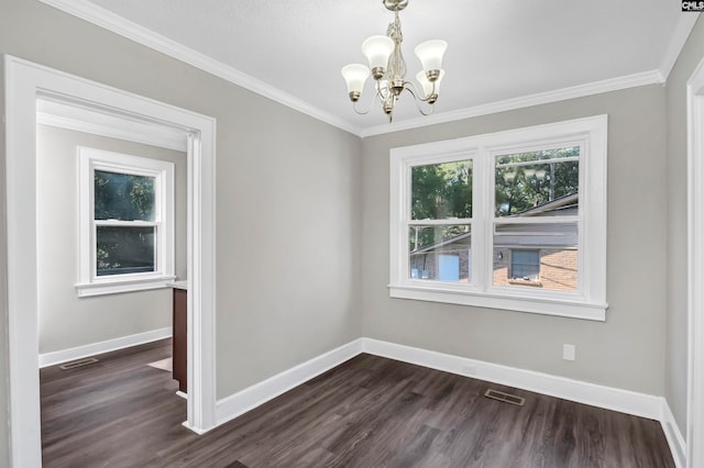 unfurnished dining area featuring a notable chandelier, crown molding, and dark hardwood / wood-style flooring