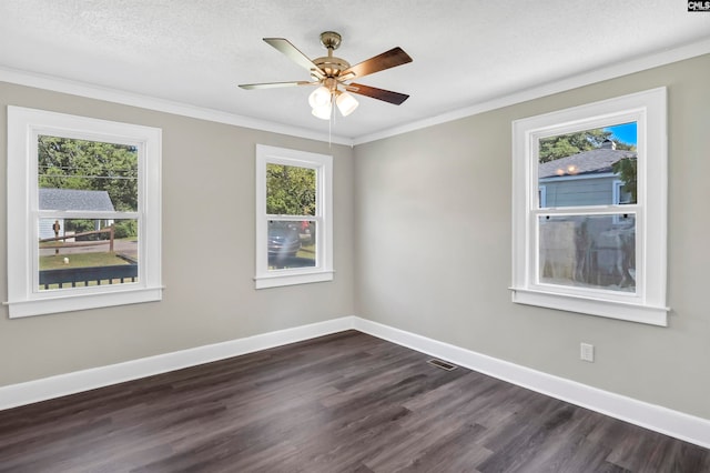 spare room with a textured ceiling, crown molding, dark wood-type flooring, and a healthy amount of sunlight