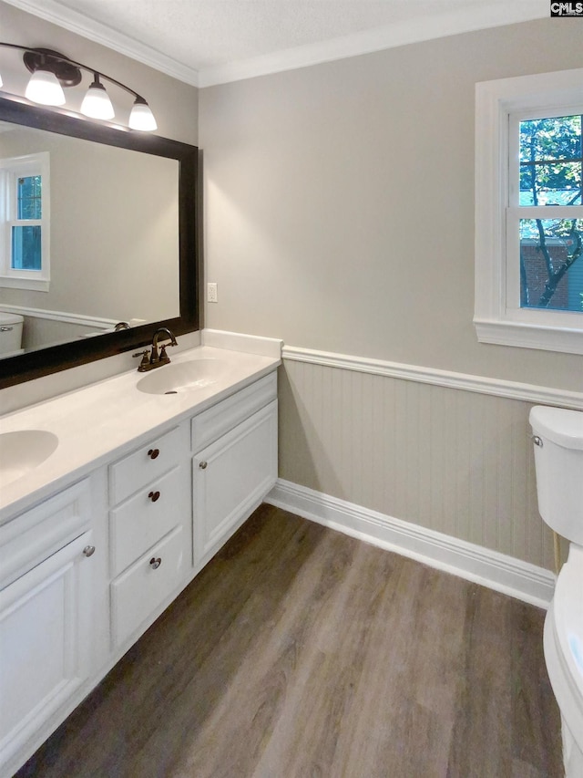 bathroom featuring toilet, wood-type flooring, crown molding, vanity, and a textured ceiling