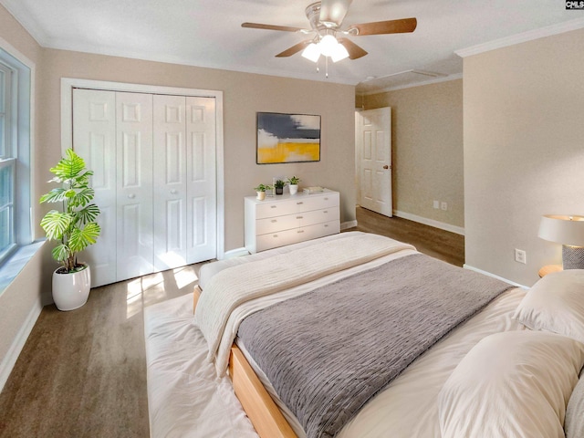 bedroom featuring a closet, ceiling fan, ornamental molding, and wood-type flooring