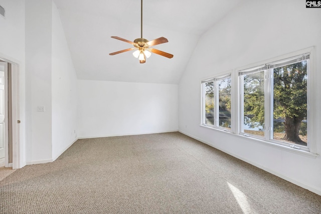 bonus room featuring lofted ceiling, carpet flooring, and ceiling fan