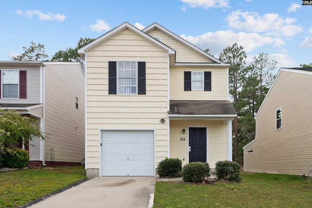 view of front facade with a front yard and a garage