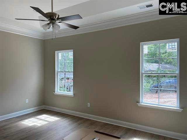 unfurnished room with ornamental molding, wood-type flooring, and a wealth of natural light