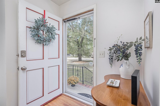 foyer with hardwood / wood-style floors and a textured ceiling