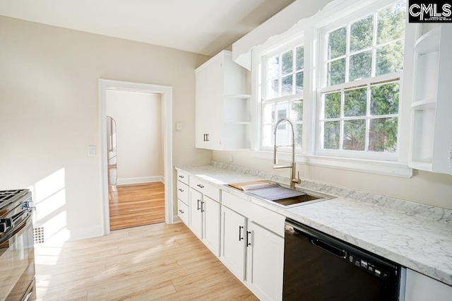 kitchen with sink, dishwasher, light hardwood / wood-style flooring, and white cabinets