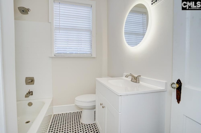 full bathroom with vanity, toilet, bathtub / shower combination, and tile patterned floors