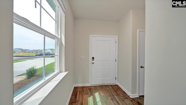 entryway with dark hardwood / wood-style flooring