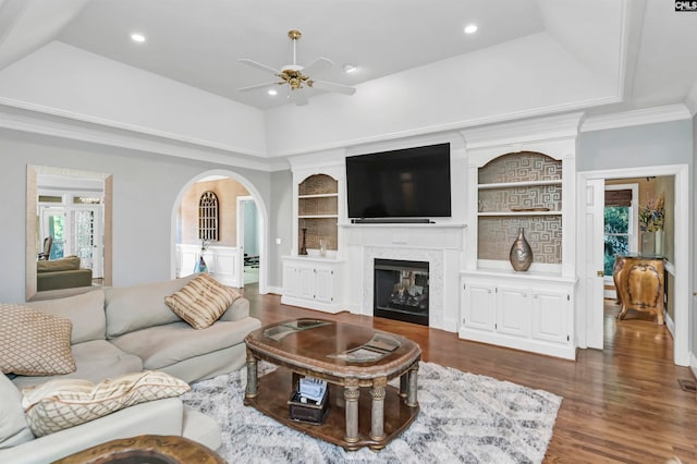 living room with a raised ceiling, built in features, and a wealth of natural light