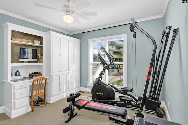 exercise room with ceiling fan, ornamental molding, and light carpet