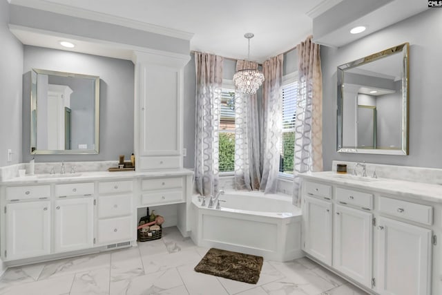 bathroom featuring a tub to relax in, a chandelier, and vanity