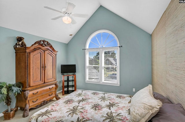 bedroom featuring lofted ceiling and ceiling fan