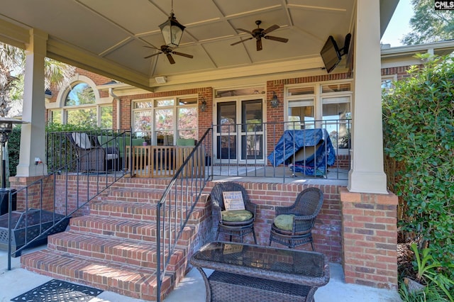 view of patio featuring covered porch and ceiling fan