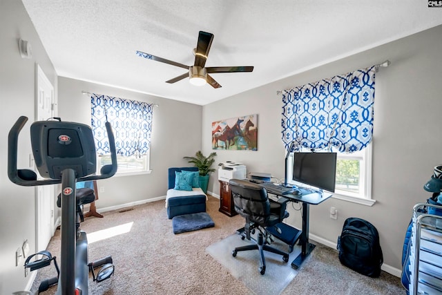 office featuring ceiling fan, a textured ceiling, and carpet floors