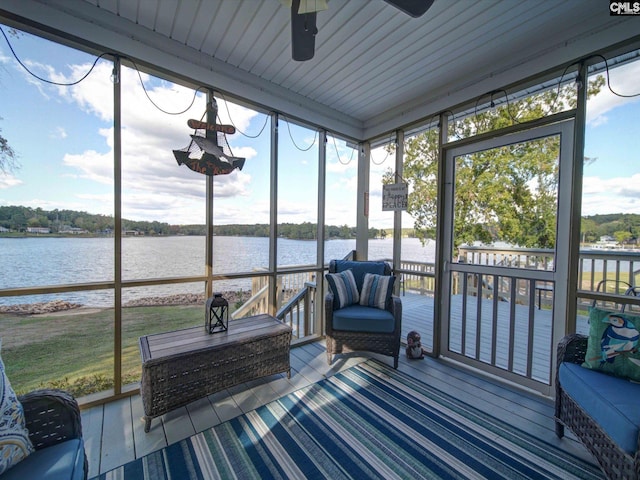 sunroom with a water view, ceiling fan, and wooden ceiling