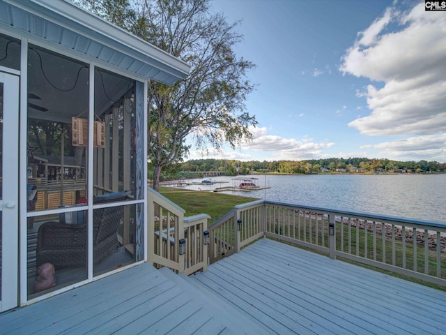 deck featuring a sunroom and a water view