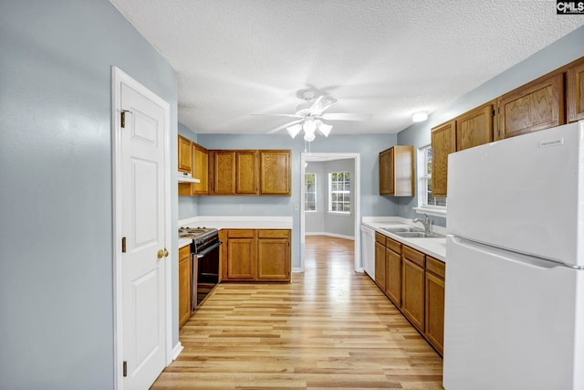 kitchen featuring white appliances, sink, a textured ceiling, light hardwood / wood-style floors, and ceiling fan