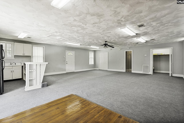 6560 Voorhees Rd, Denmark, SC 29042 - unfurnished living room with dark carpet, dark wood-style floors, ceiling fan, and a textured ceiling