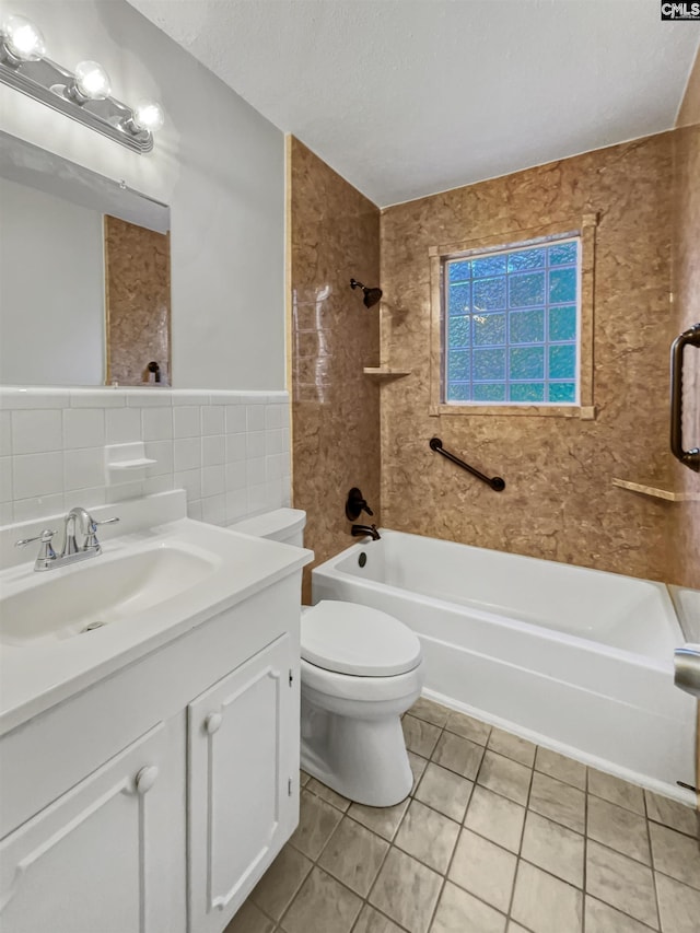 6731 Formosa Dr, Columbia, SC 29206 - full bath featuring vanity,  shower combination, tile walls, toilet, and tile patterned flooring