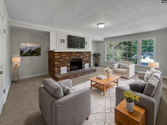 carpeted living room featuring ornamental molding and a brick fireplace