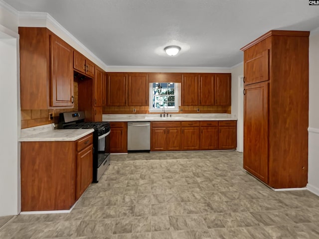 6731 Formosa Dr, Columbia, SC 29206 - kitchen featuring stainless steel appliances, light countertops, backsplash, a sink, and brown cabinetry