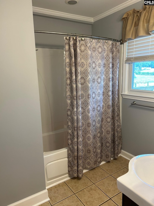 bathroom featuring vanity, tile patterned floors, ornamental molding, and shower / bathtub combination with curtain