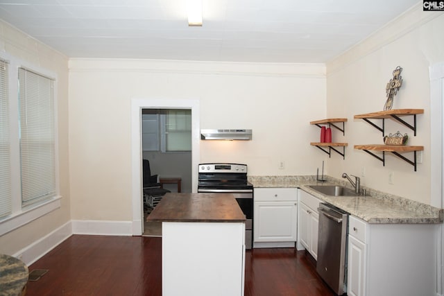 kitchen featuring sink, white cabinetry, stainless steel appliances, wooden counters, and ventilation hood